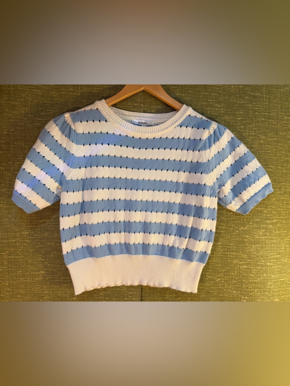 Lalavon Marianne Striped Puff Sleeve Knit Cropped Sweater Sky Blue